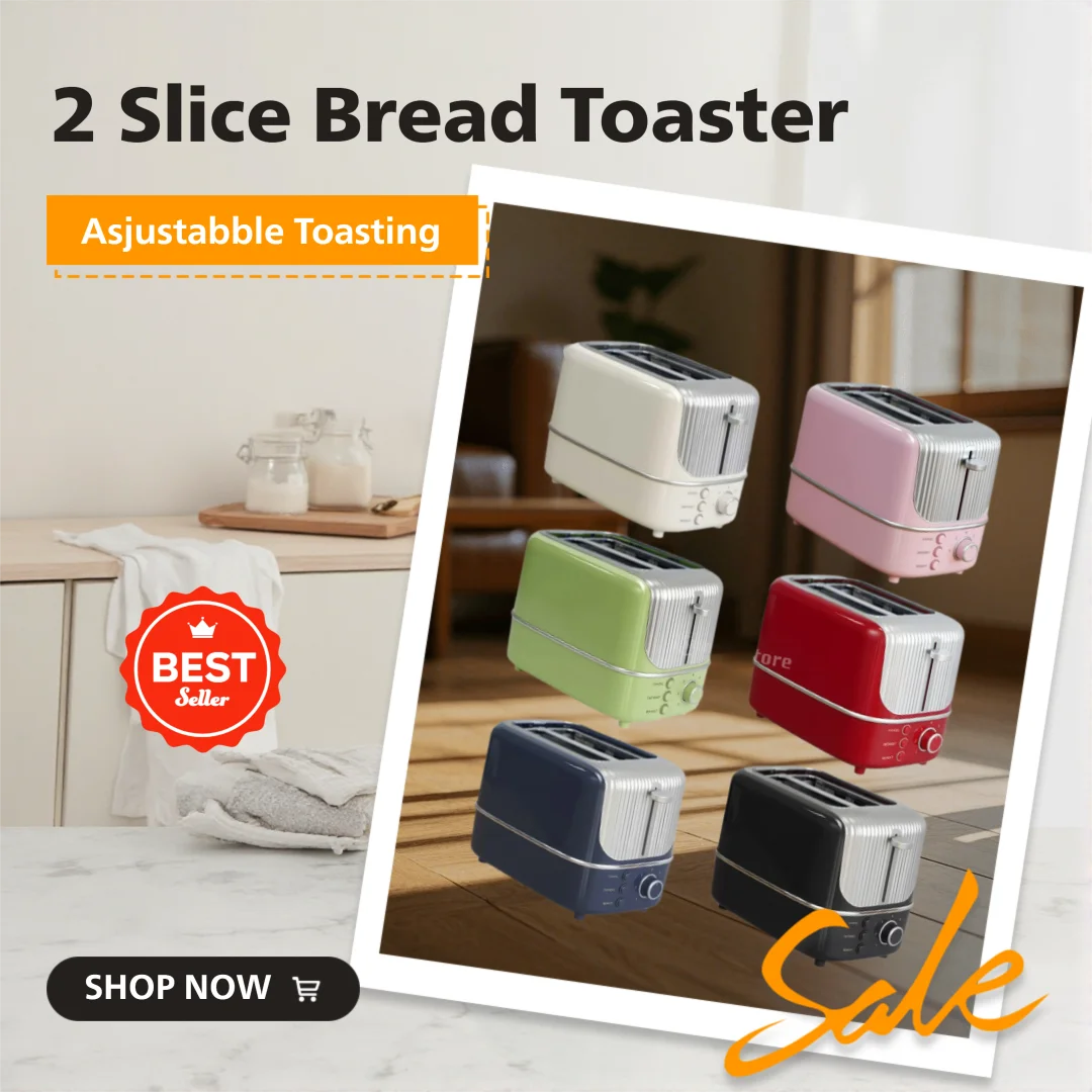 2 Slice Bread Toaster Stainless Steel Electric Breakfast Machine with 9 Browning Settings Compact Sandwich Maker Home Kitchen