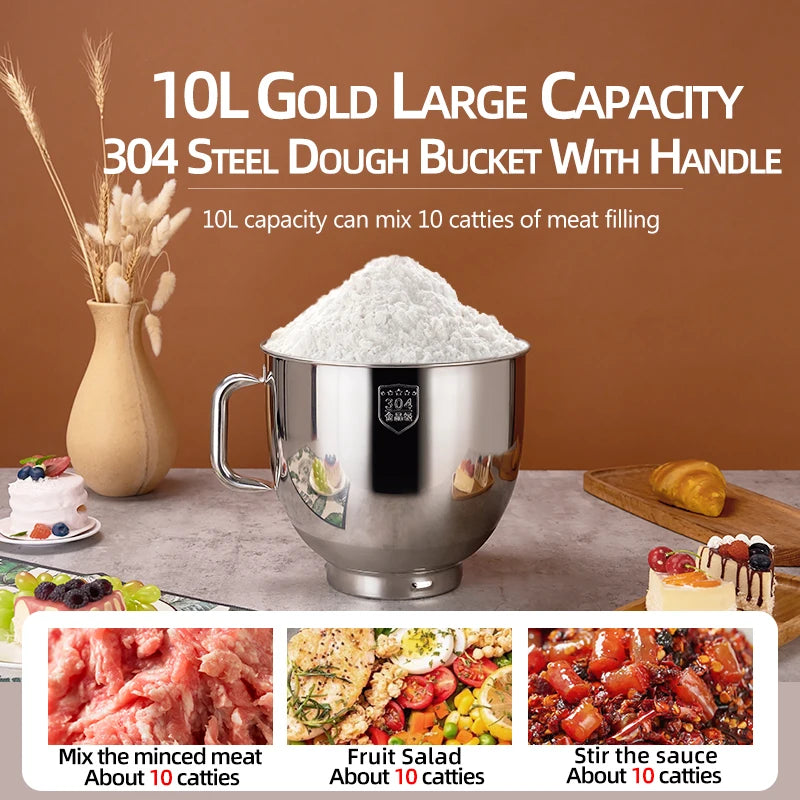 SUNATUR 10L Stand Mixer 2200w Dough Kneading Planetary Proccessor Automatic Beater Electric Timed Kitchen Blender Cream Whipper
