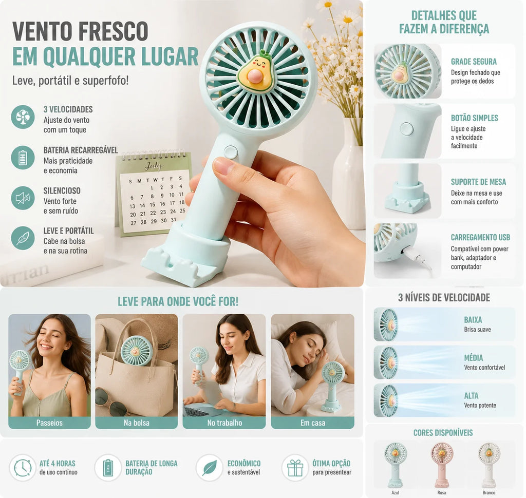 Ventilador Portátil Recarregável USB Compacto Silencioso 3 Velocidades Ideal Para Viagens, Escritório E Academia
