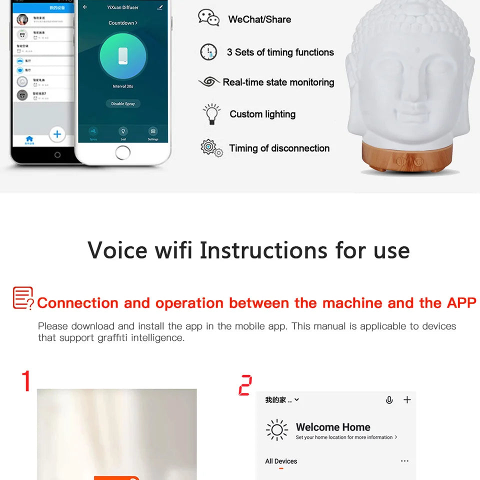 Wifi Control Air Humidifier Aroma Essential Oil Diffuser 7 Colors LED Night Light Cool Buddha Mist Maker Aromatherapy For Home