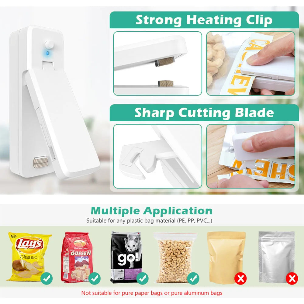 2 IN1 USB Chargable Mini Bag Sealer Heat Sealers With Cutter Knife Rechargeable Portable Sealer For Plastic Food Storage Kitchen