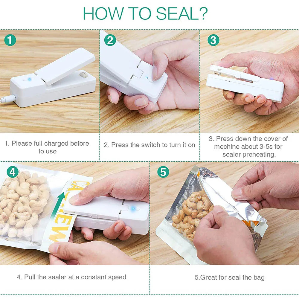 2 IN1 USB Chargable Mini Bag Sealer Heat Sealers With Cutter Knife Rechargeable Portable Sealer For Plastic Food Storage Kitchen