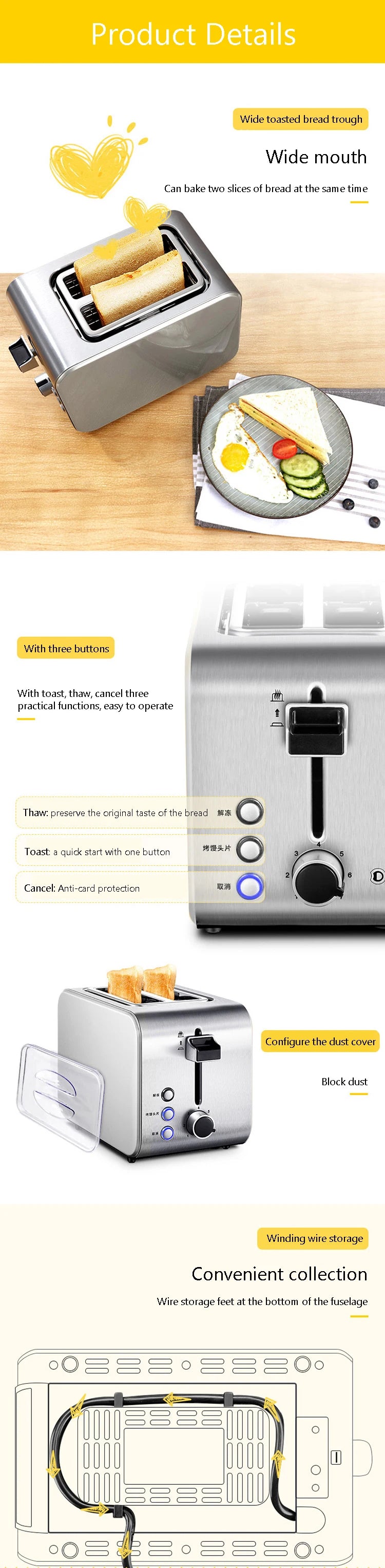 Stainless steel Electric Toaster Bagel Bread Bake tray Double side heating Bread machine With dust lid Breakfast Sandwich maker