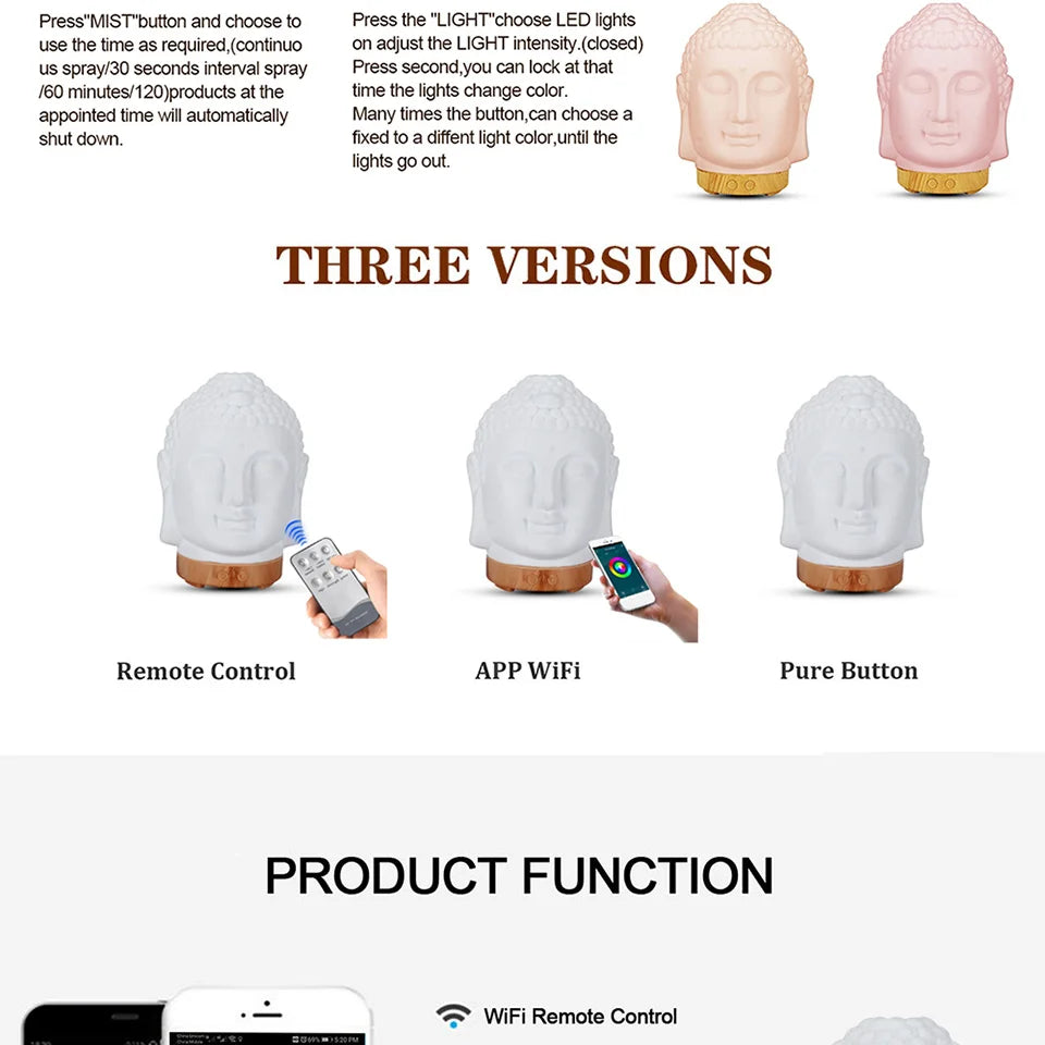 Wifi Control Air Humidifier Aroma Essential Oil Diffuser 7 Colors LED Night Light Cool Buddha Mist Maker Aromatherapy For Home