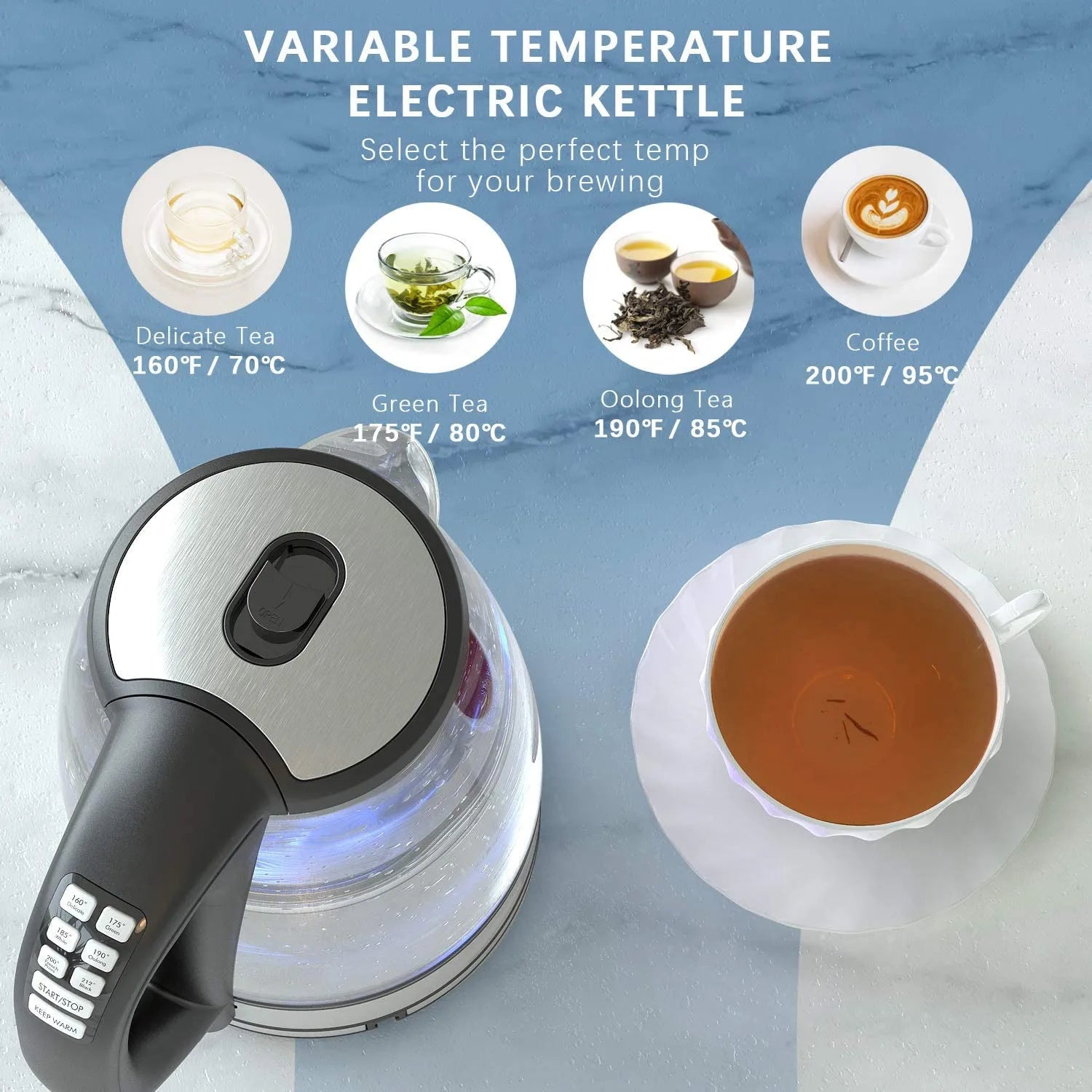 DEVISIB Electric Glass Kettle, 2200W Fast Boiling, Temperature Control, 4-Hour Keep Warm, 2.0L Tea Kettle & Hot Water Boiler
