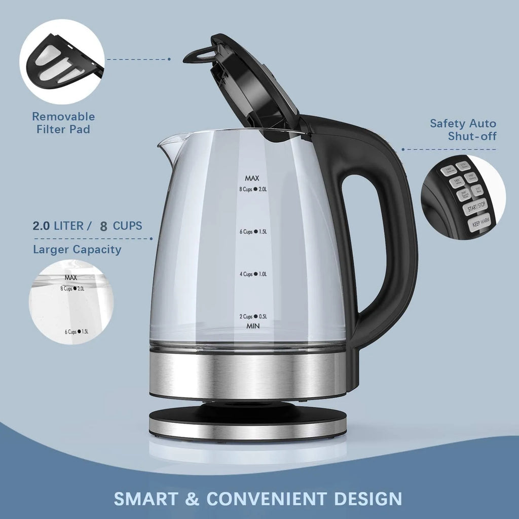 DEVISIB Electric Glass Kettle, 2200W Fast Boiling, Temperature Control, 4-Hour Keep Warm, 2.0L Tea Kettle & Hot Water Boiler