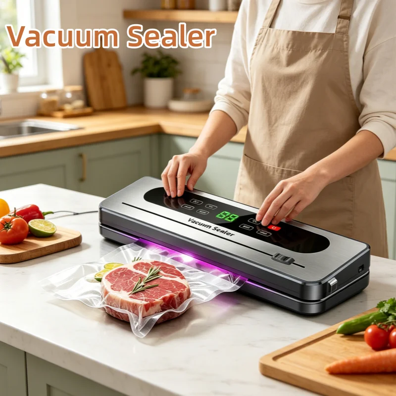 Rechargeable Wireless Vacuum Sealer Dry/Wet Food Sealer with Built-in Cutter Touch Buttons for Kitchen Food Storage 826
