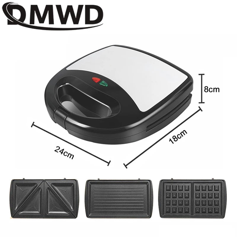 DMWD 3in1 Electric Mini Egg Waffle Sandwich Maker Grilling Plates Breakfast Baking Machine Panini Toaster Bread Frying Pan EU