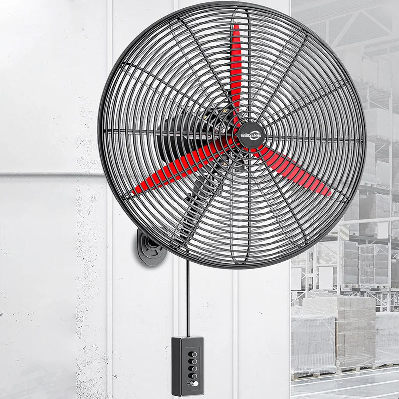 High Power Industrial Wall Mounted Fan Wire Control Adjustable Wind Power Shaking Head Horn Metal Blade Commercial Wall Fan