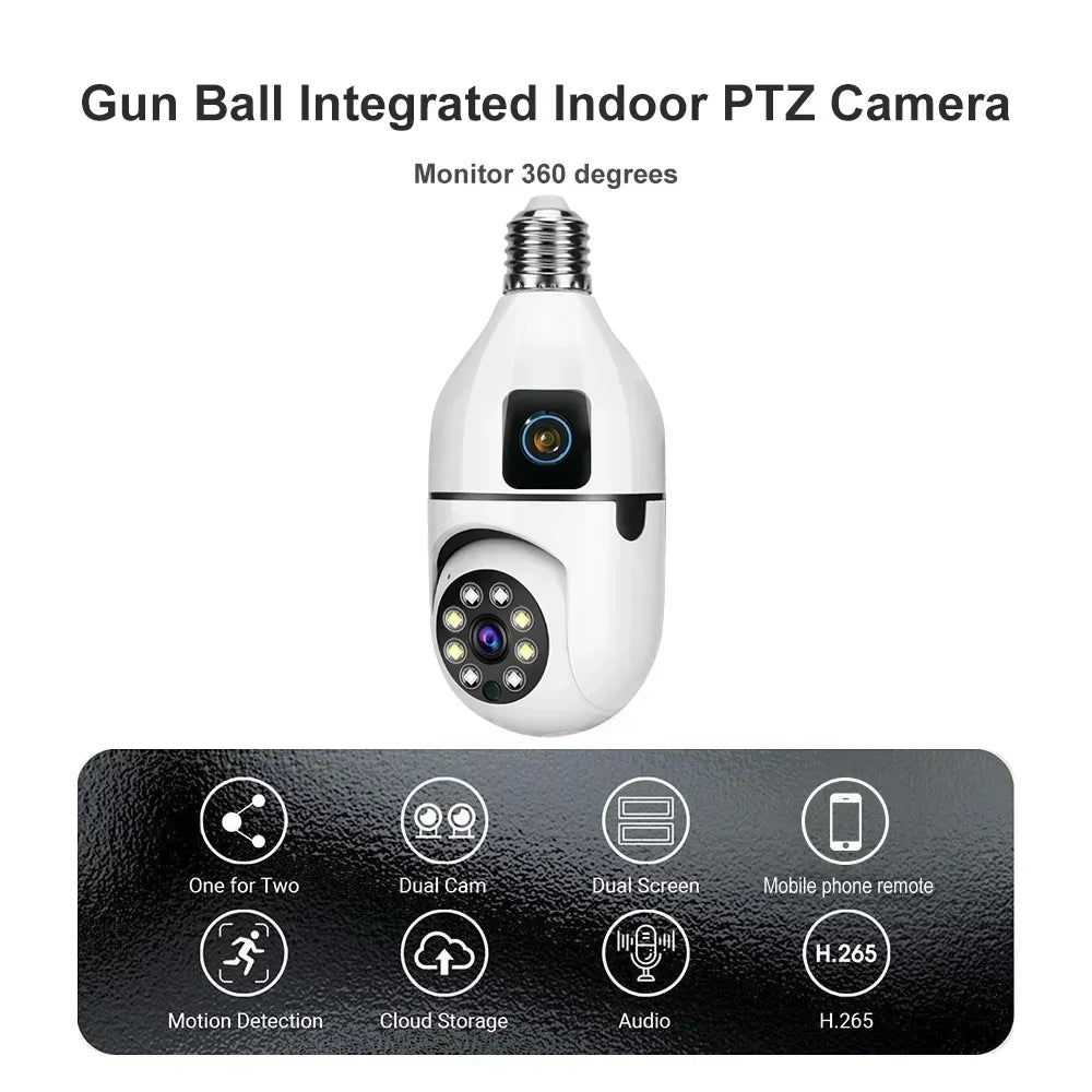 E27 Bulb Surveillance Security Camera 8MP HD Night Vision 2 screen 2 lens Camera Indoor Motion Detection 8X Zoom WiFi Camera 5MP