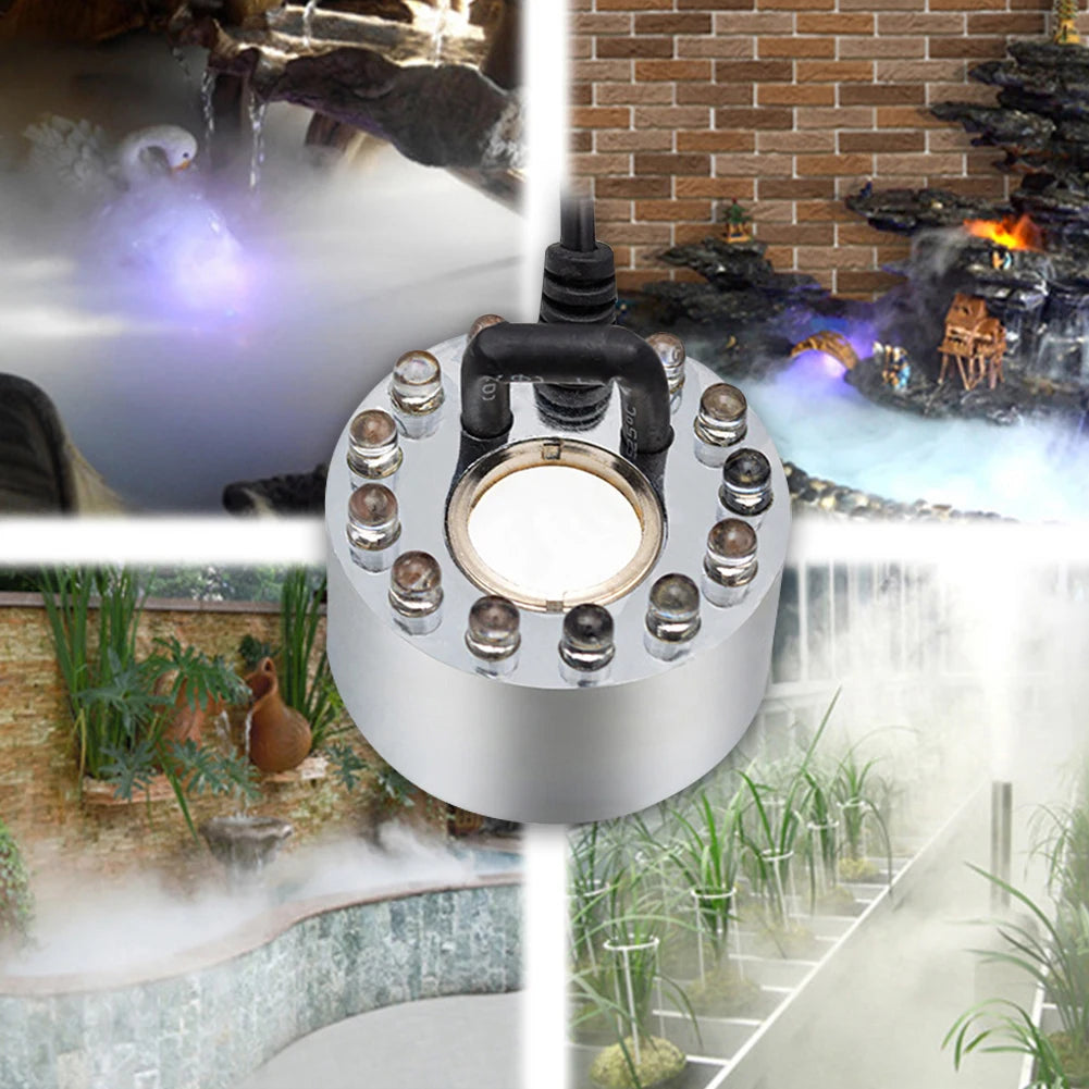 12 LED Atomizer Colorful Light Ultrasonic Misting Maker Water Fountain Pond Landscaping Fogger Atomizer Air Humidifier Aquarium