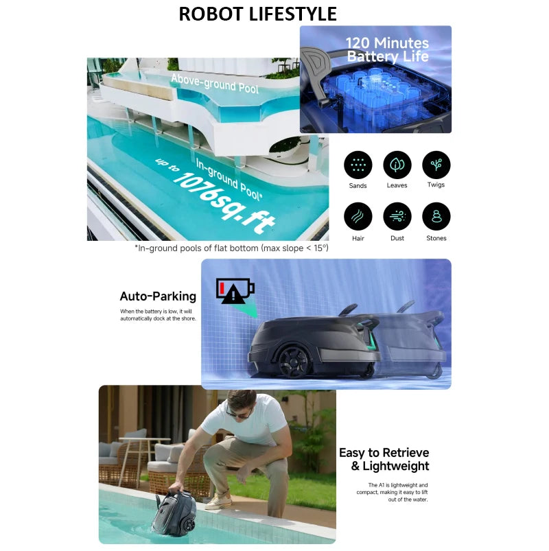 Swimming Pools Vacuum Cleaner Wireless for Floor Smart Cleaning Robot Auto-Parking Dual-layer Filtration120mins Running Time