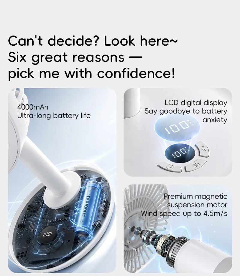 KINSCOTER Smart Oscillating Desk Fan 4000mAh USB Angle Adjustable Silent Rechargeable Fan 5 Wind Speeds for Home/Office/Gift