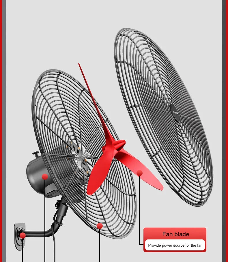 High Power Industrial Wall Mounted Fan Wire Control Adjustable Wind Power Shaking Head Horn Metal Blade Commercial Wall Fan