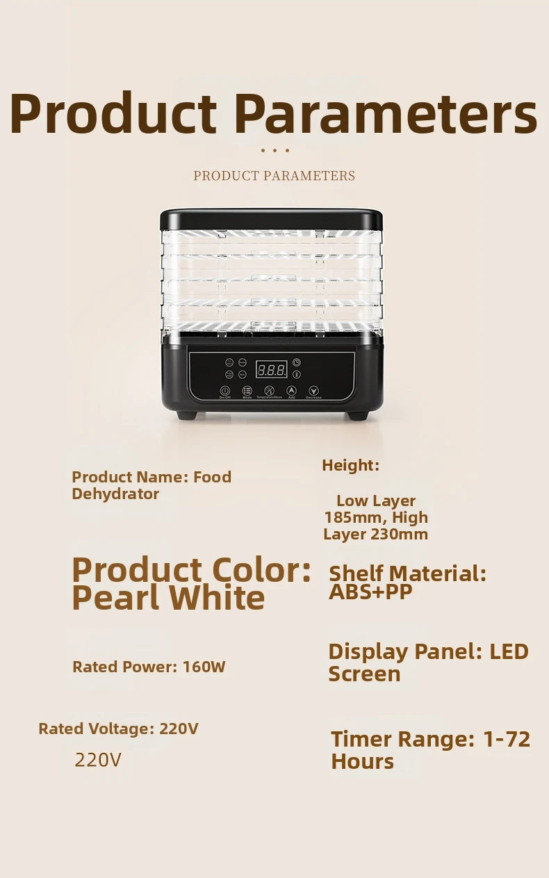 5-Tier Food Dehydrator, BPA-Free Plastic, 160W Drying Power, 30-70℃ Adjustable Temperature, 72H Timer, for Fruits/Herbs/Jerky,