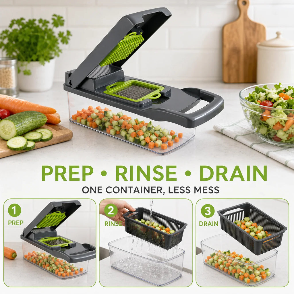 16PCS Vegetable Chopper with Container, 7 Blades Manual Onion Dicer Mandoline Slicer Grater with Drain Basket