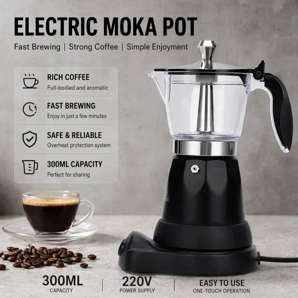 220V 300ml Aluminum Electric Mocha Pot Italian Style EU Plug-in Coffee Maker For Household Fast Convenient Electric Coffee Pot