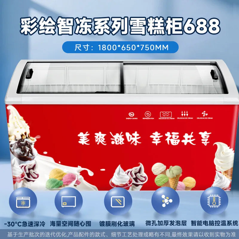 ZML Freezer Commercial Freezer Ice Cream Display Cabinet Transparent Glass Cover Sliding Door Refrigerator