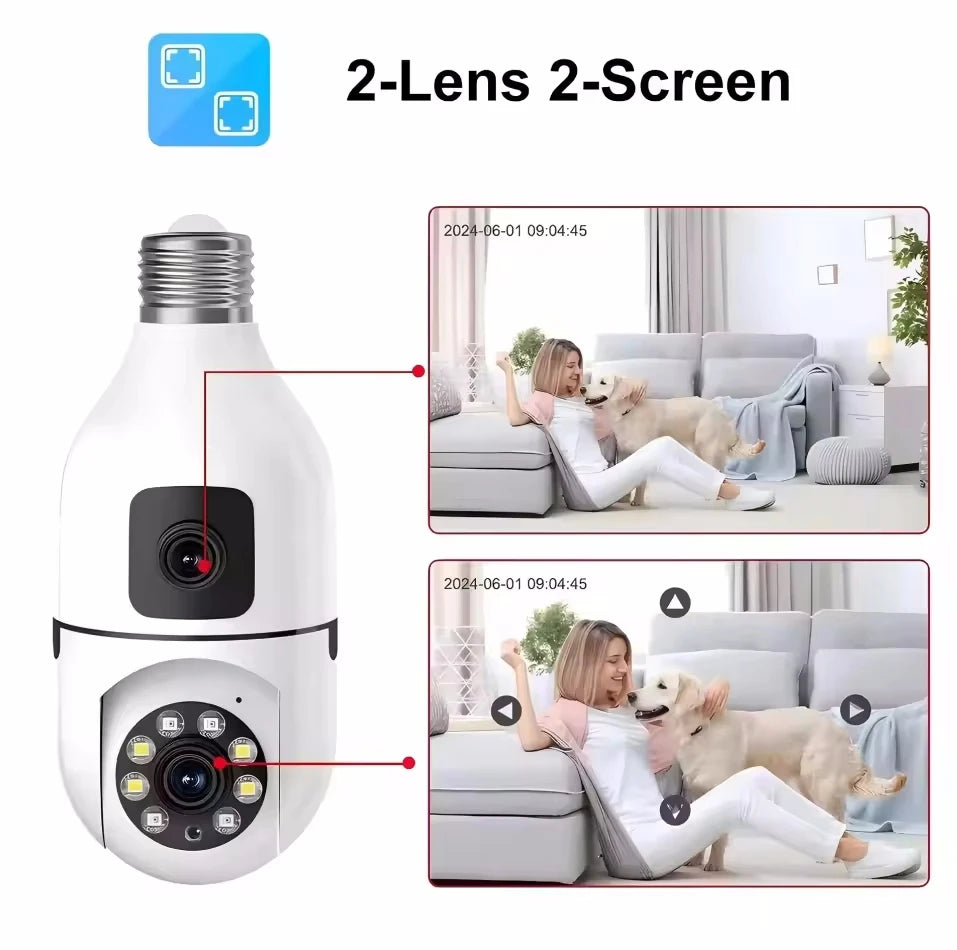 E27 Bulb Surveillance Security Camera 8MP HD Night Vision 2 screen 2 lens Camera Indoor Motion Detection 8X Zoom WiFi Camera 5MP