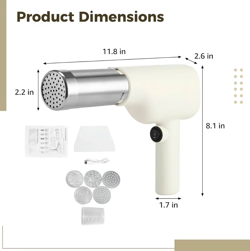 Cordless、Rechargeable、Battery、Electric Pasta Maker、5‑in‑1、Handheld、Automatic、5 Shaping Discs、Multiple Pasta Shapes、Home