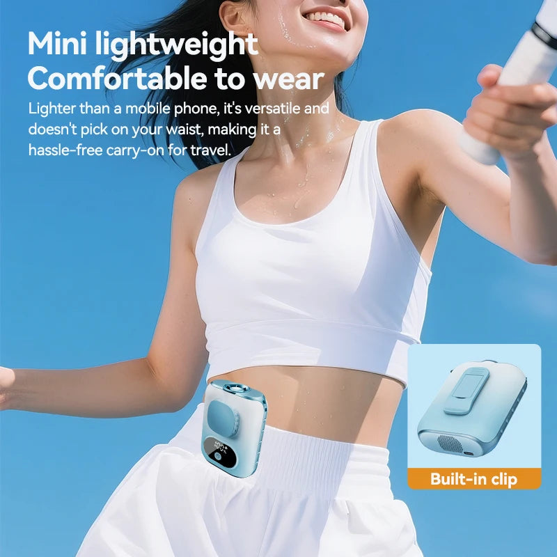3CM Thin Tiny Portable Waist Fan 6000mAh Clip On Personal Neck Fan LED 12H Working 5 Speeds 40000RPM Strong Airflow with Lanyard