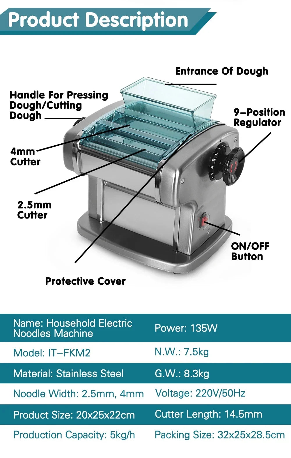 HomeWise Electric Pasta Machine Noodle Maker 220V Commercial Stainless Steel Pressing Machine Dough Cutter Dumpling Skin