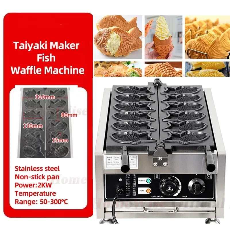 HomeWise Taiyaki Maker Fish Waffle Machine Fish Cake Baking Machine 6 Pcs Fish Ice Cream Waffle Maker 3000W Non-stick Pan