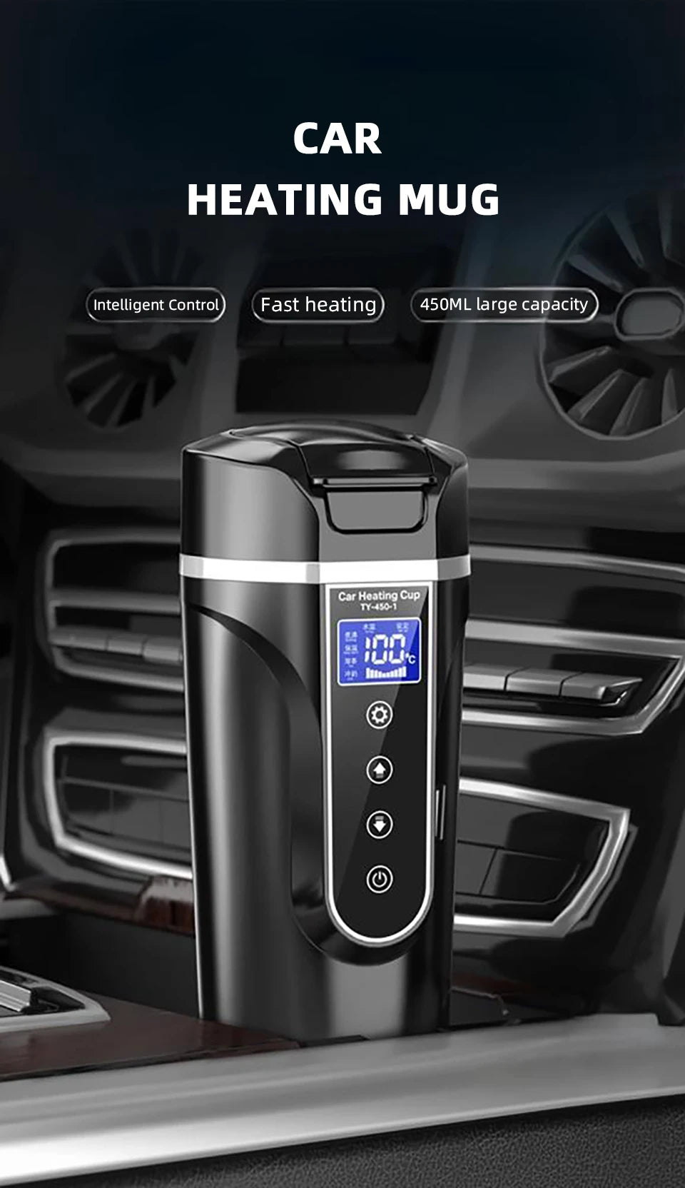 Yanace 500ML Portable Car Electric Kettle Smart Temperature Control Travel Heating Cup for Coffee Milk Tea 12V Auto Boiler