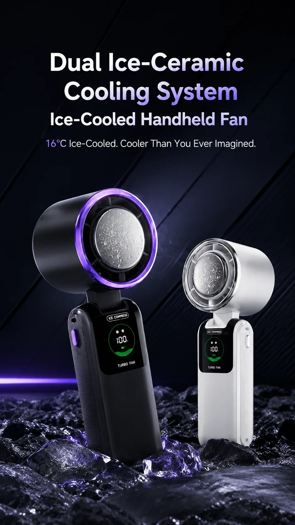 Ice Cooling Portable Neck Fan, 5-Speed Turbo Wind Foldable Hands Free Cooler, 4000mAh 9H Battery Travel Outdoor