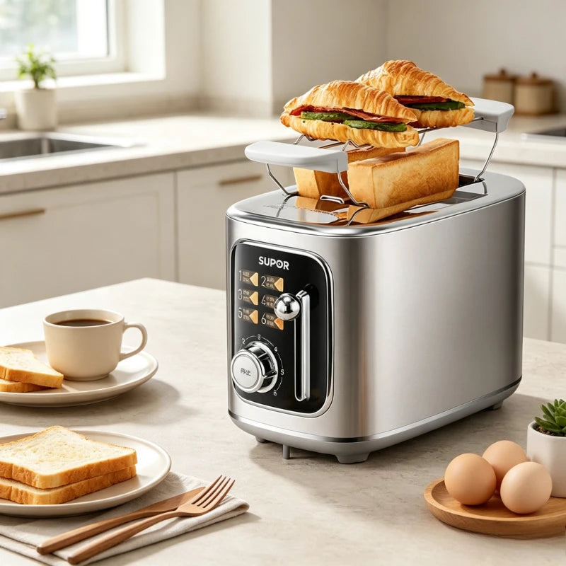 37mm Wide Slot Stainless Steel 2 Slice Toaster with Warming Rack Adjustable Browning Pop Up Breakfast Bread Toaster 토스터기