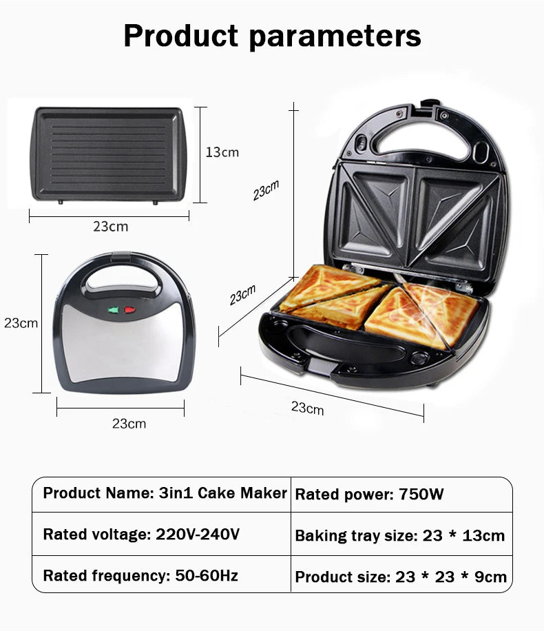 DMWD 3in1 Electric Mini Egg Waffle Sandwich Maker Grilling Plates Breakfast Baking Machine Panini Toaster Bread Frying Pan EU