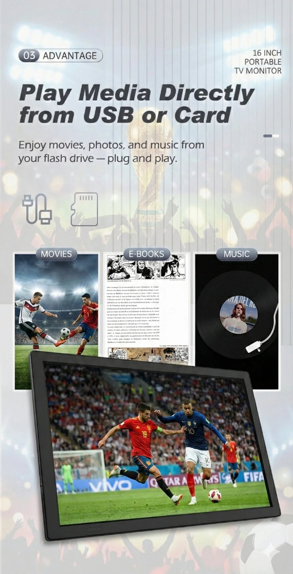 15.4" Portable Android Smart TV FHD LED LCD Digital Television with Built-in Battery DC 12V for Caravan Car Outdoor Camping