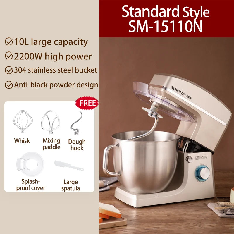 SUNATUR 10L Stand Mixer 2200w Dough Kneading Planetary Proccessor Automatic Beater Electric Timed Kitchen Blender Cream Whipper