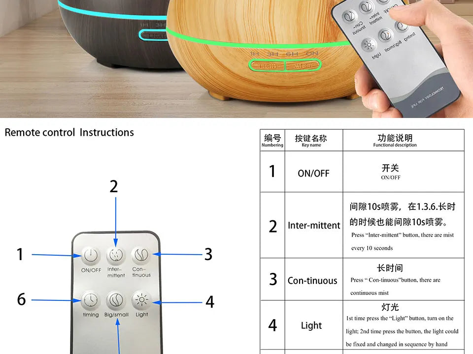 Electric Air Humidifier Remote Control Diffuser Aroma Humidifier Oil Diffuser Ultrasonic Wood Grain Mist Maker 7Color LED Light