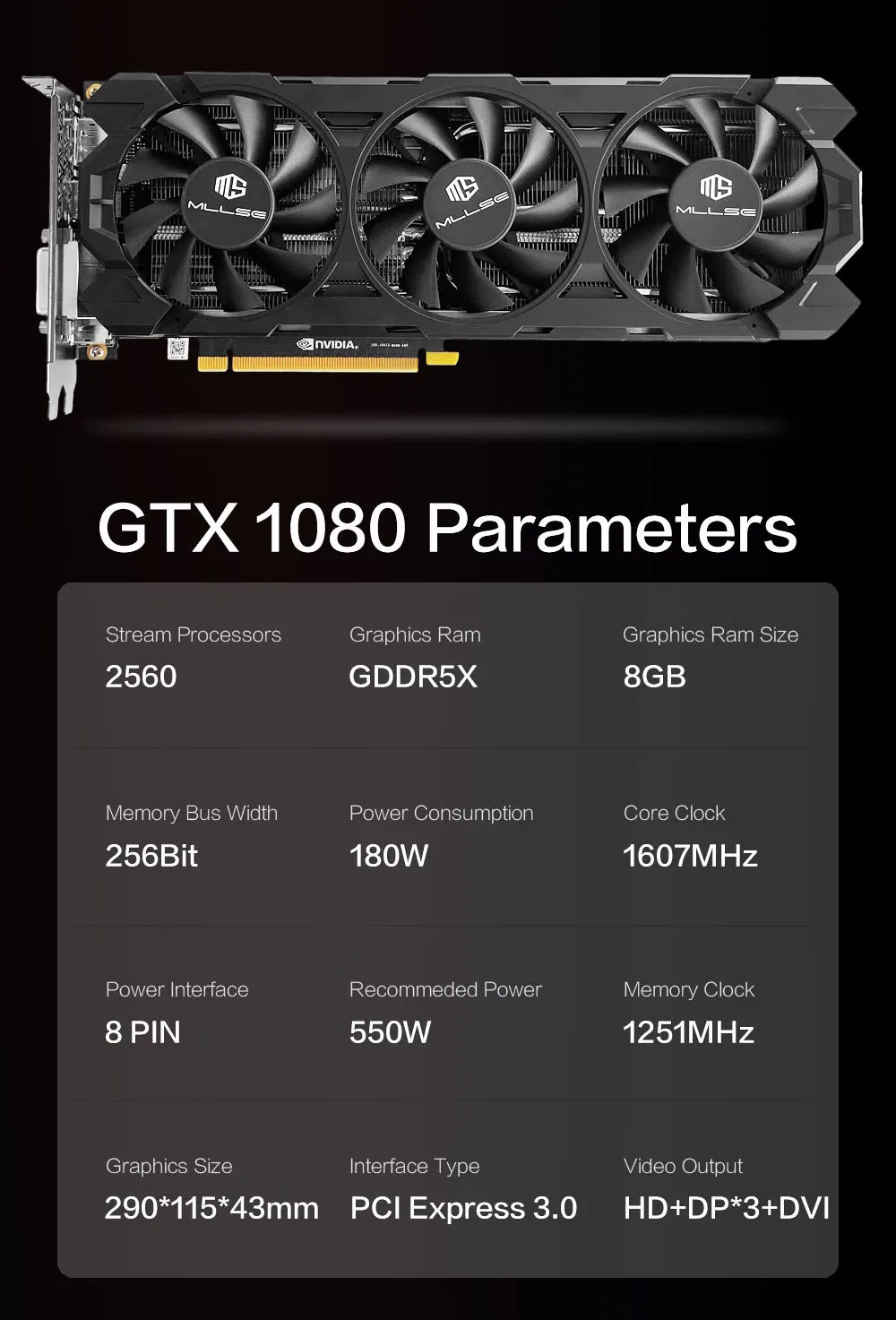 MLLSE NVIDIA GeForce GTX 1080 8GB GDDR5X 256-bit PCIe 3.0 x16 16nm Desktop Computer Gaming GPU New Card Placa De Video