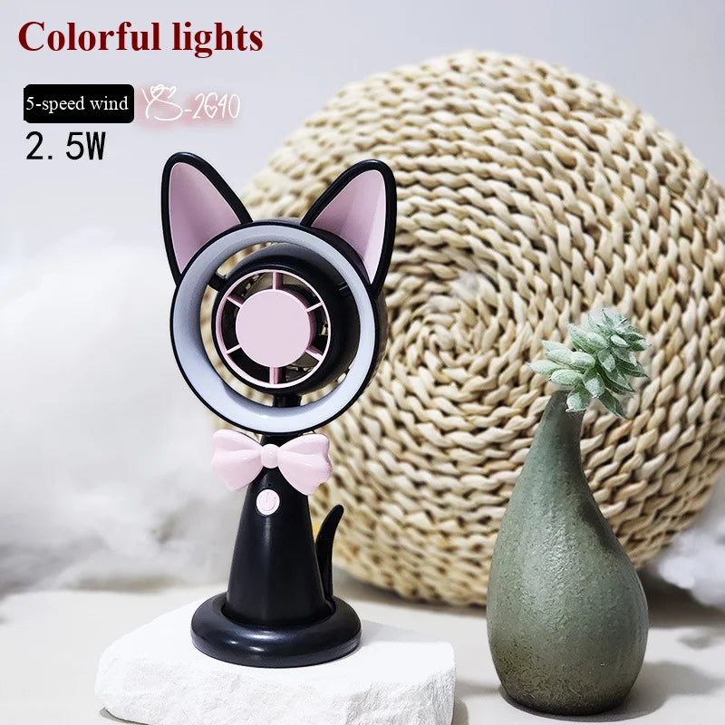 New Cat-Shaped Handheld Fan with Strong Wind, USB Charging, Suitable for Student Dormitories, Desktop Small Fan with Light