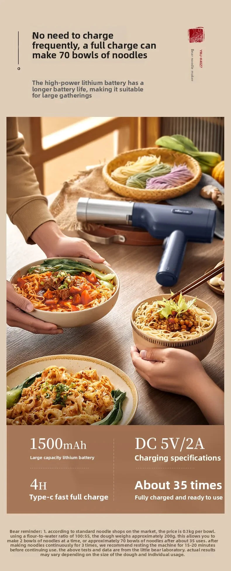 Wireless Handheld Electric Noodle Machine 5 Interchangeable Dies Stainless Steel Auto Pasta Maker Easy Clean Long Lasting
