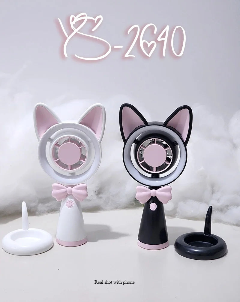 New Cat-Shaped Handheld Fan with Strong Wind, USB Charging, Suitable for Student Dormitories, Desktop Small Fan with Light