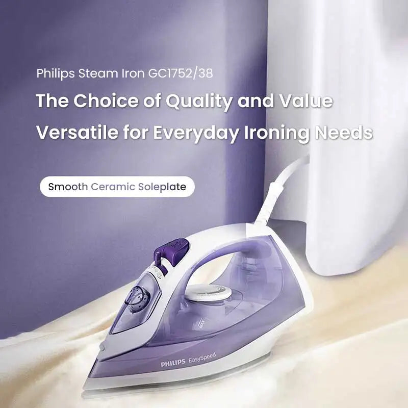 Philips Steam Iron GC1752/38 1700W Ceramic Soleplate Anti-Drip 4 Steam Setting Dry Steam Iron for Home Clothes Ironing Daily Use