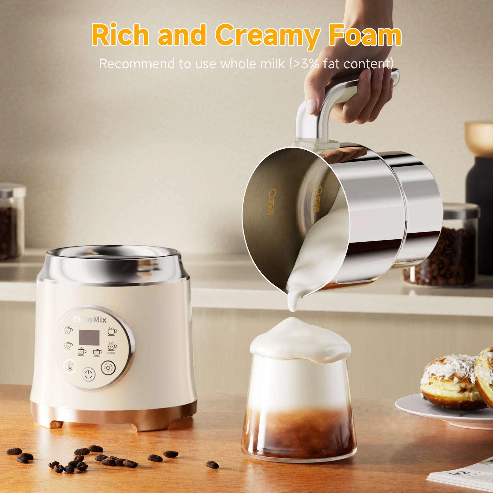 BioloMix Electric Detachable Milk Frother and Steamer,6-in-1 Automatic Hot/Cold Foam and Hot Chocolate Maker,Dishwasher Safe