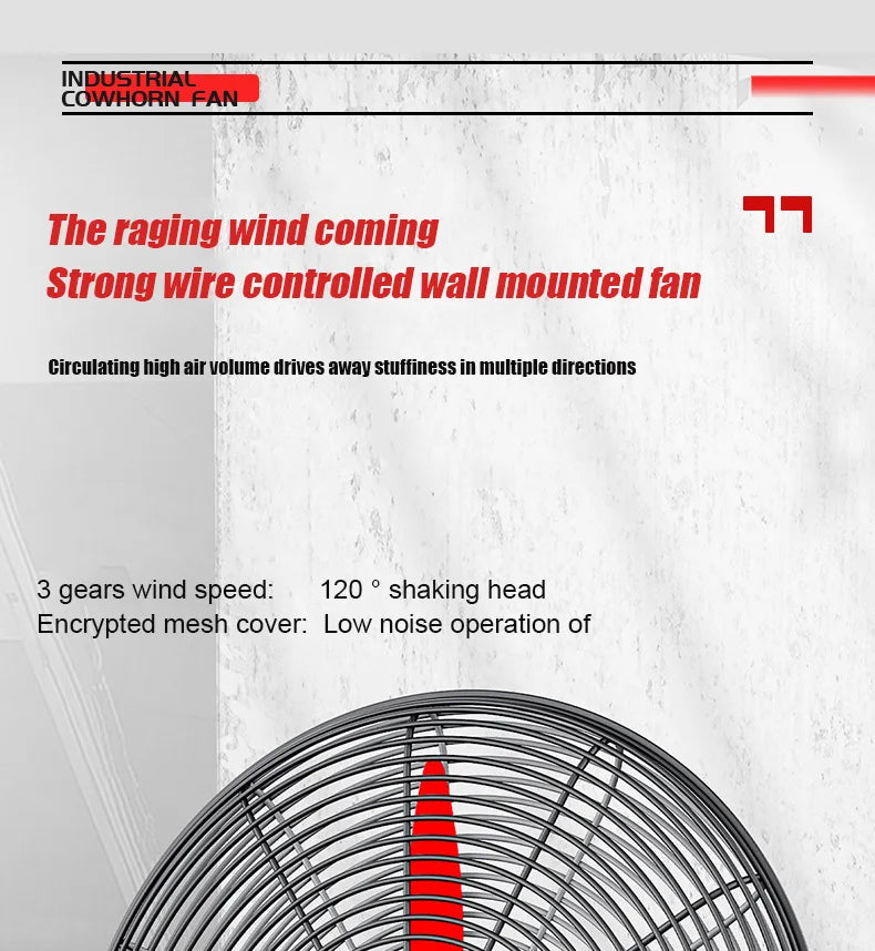 High Power Industrial Wall Mounted Fan Wire Control Adjustable Wind Power Shaking Head Horn Metal Blade Commercial Wall Fan