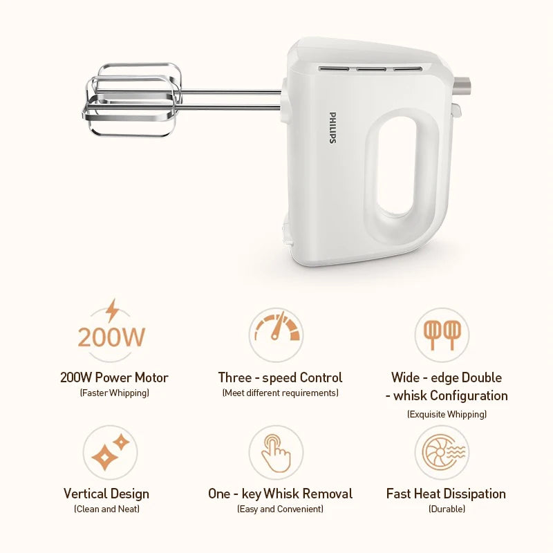 Philips Handheld Electric Egg Beater 3-Speed 2-Beater Automatic Mixer for Egg White And Cream Household Kitchen Tool HR3700
