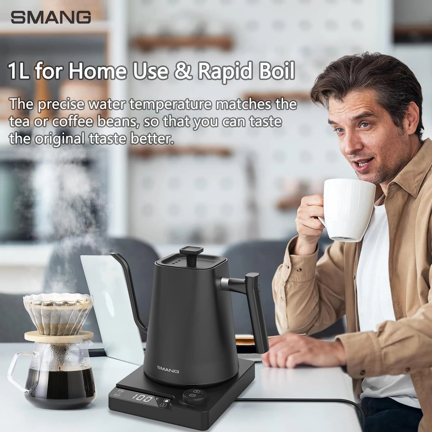 SMANG 1200W Gooseneck Electric Kettle 1L Temperature Control Coffee Kettle Pour Over Coffee Kettle Rapid Heating Kettle