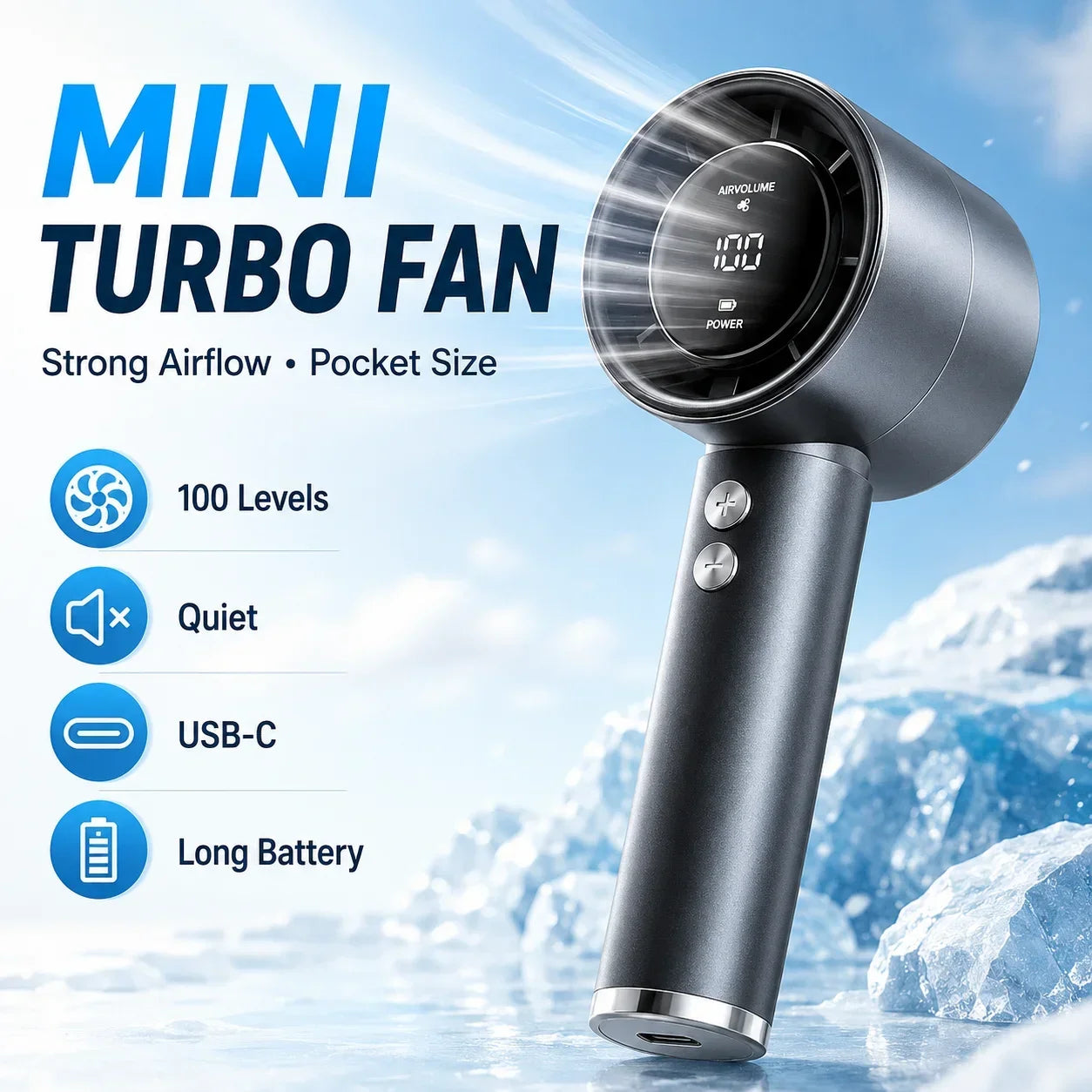 USB Rechargeable Turbo Fan Portable Handheld Mini Air Cooler LED Display Quiet Cooling for Outdoor Travel Office Desk Home Use