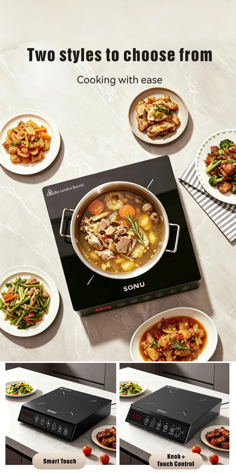 2200W Portable Electric Magnetic Induction Cooker Touch Panel Waterproof Hotpot Heating Stove Touchpad Cooktop Stir Fry Dish Coo