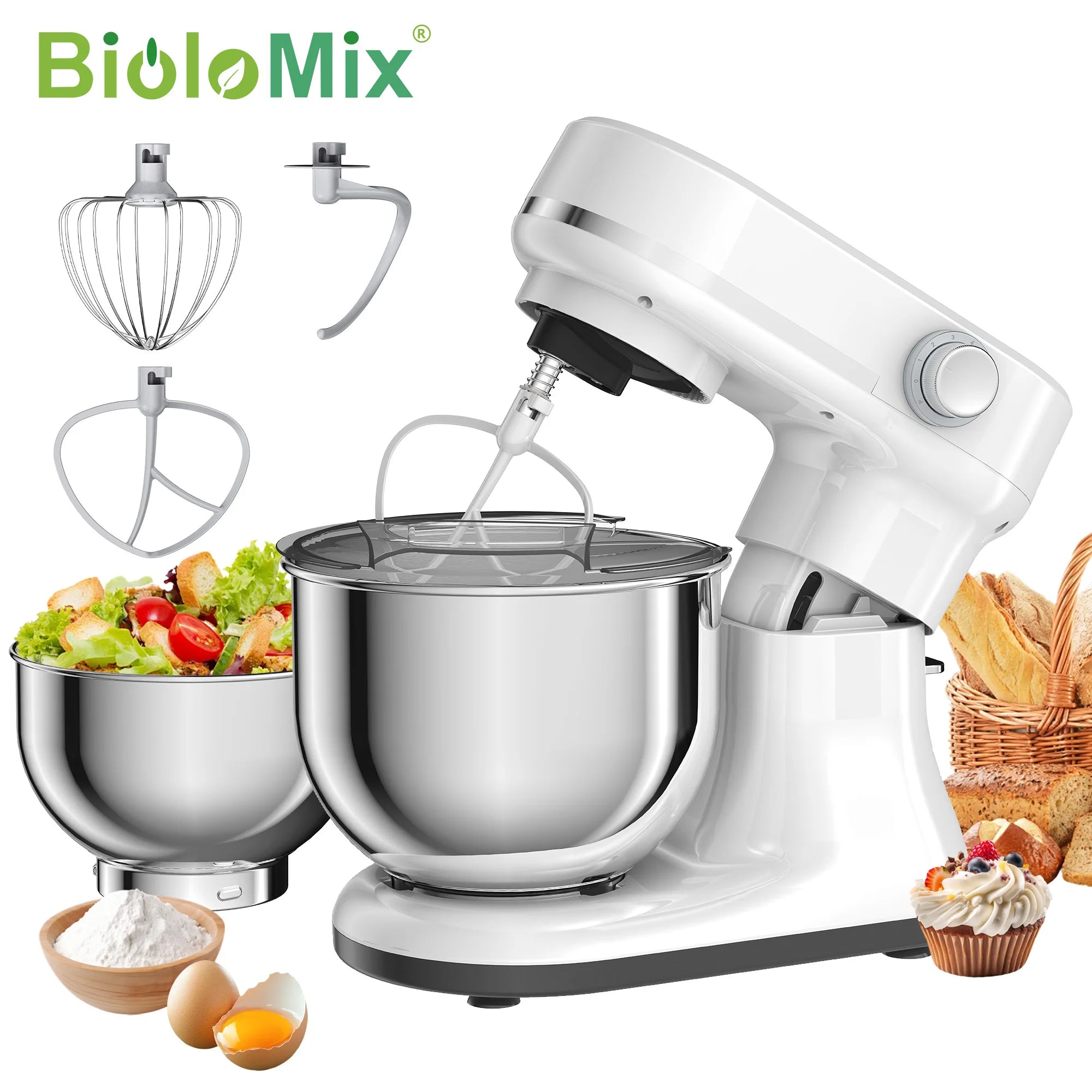 BioloMix 5.5L&4L double bowl Electric Food Mixer,8 Speeds Stand Mixer for Daily Use with Egg Whisk,Dough Hook,Flat Beater