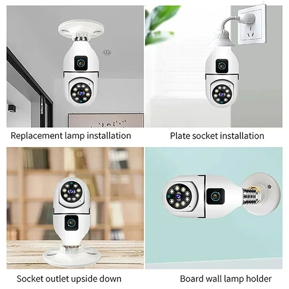 E27 Bulb Surveillance Security Camera 8MP HD Night Vision 2 screen 2 lens Camera Indoor Motion Detection 8X Zoom WiFi Camera 5MP