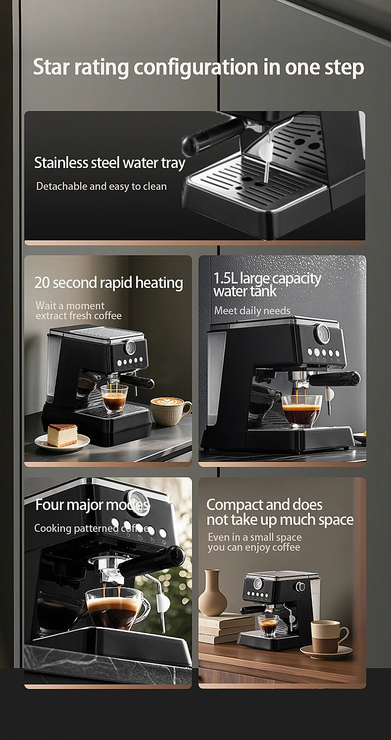 2026 Semi-automatic household coffee machine with high-pressure extraction, frothing and grinding integrated functions