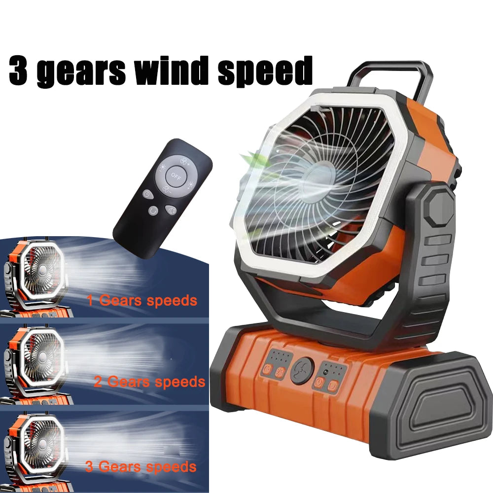 50000mAh Outdoor Camping Fan with Remote Contral 4Gears Wind Speed Up to 100 Hours Runtime Handle Portable Cooling Electric Fan