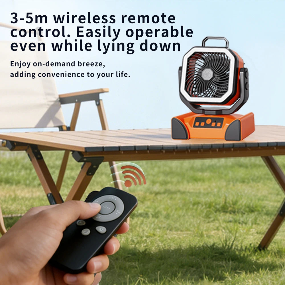 50000mAh Outdoor Camping Fan with Remote Contral 4Gears Wind Speed Up to 100 Hours Runtime Handle Portable Cooling Electric Fan